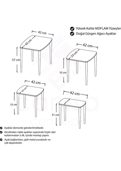 Concept Anka Serisi Mdf 1.sınıf  4lü Zigon Sehpa Takımı Krem