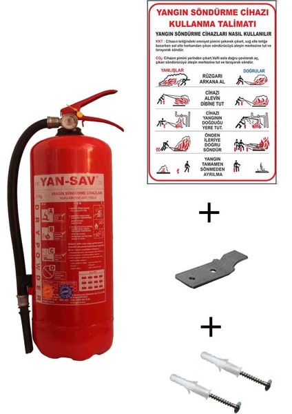6kg Yan-Sav Yangın Tüpü, Askı Aparatı,yangın Tüpü Kullanım Talimatı ve Dübel Vida 4lü Set