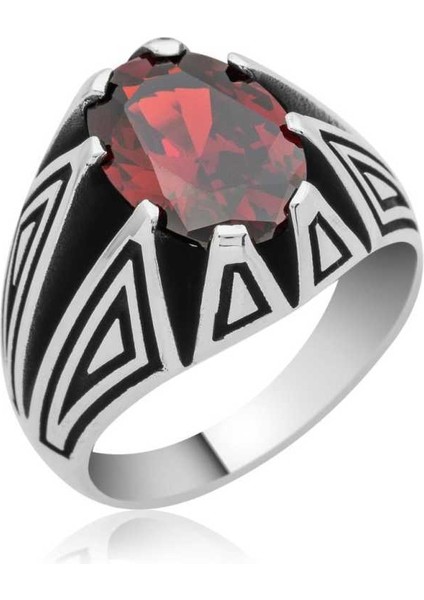 Gümüş Kırmızı Zirkon Taşlı Erkek Yüzük