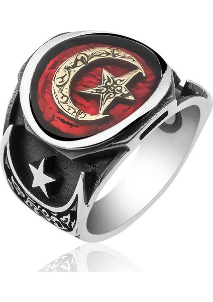 Gümüş Desenli Ay Yıldız Erkek Yüzük