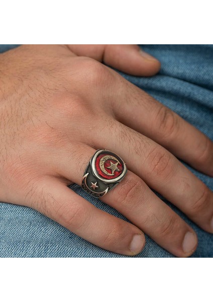 Gümüş Desenli Ay Yıldız Erkek Yüzük fiyatları