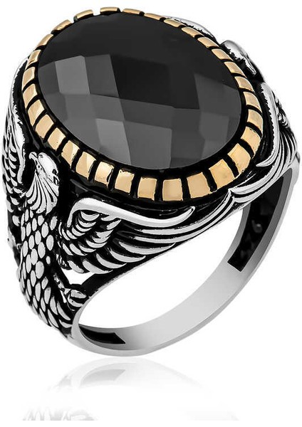 Gümüş Kesme Taşlı Kartal Figürlü Erkek Yüzük