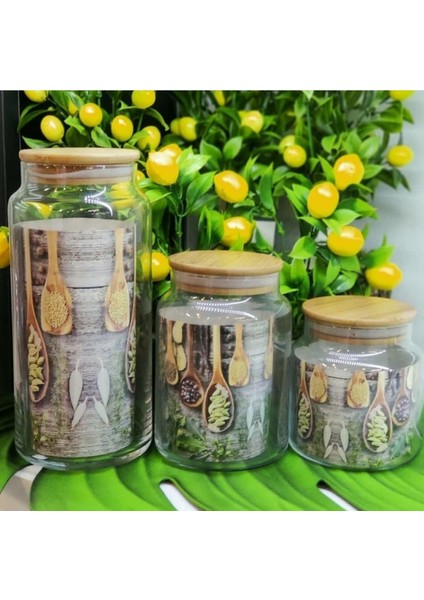 3 Lu Lüx Bambu Kapaklı Cam Kavanoz Seti