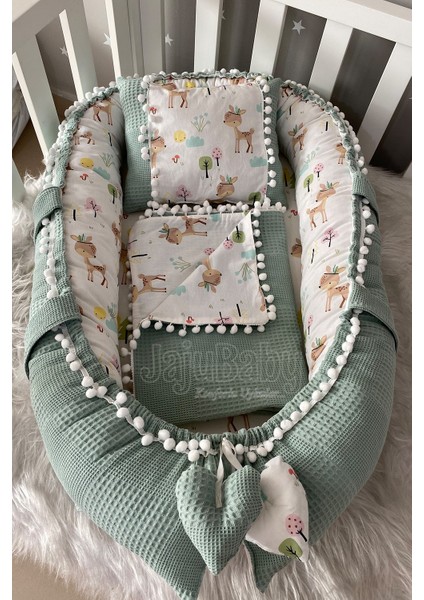 Pike Kumaş ve Poplin Kumaş Ceylan Tasarım Ponponlu 3'lü Babynest Set