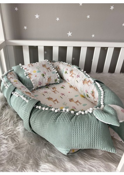 Pike Kumaş ve Poplin Kumaş Ceylan Tasarım Ponponlu 3'lü Babynest Set