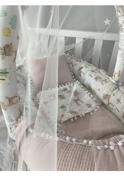 Pudra Wafle Pike Kumaş Poplin Kumaş Ponponlu Babynest ve Yorgan Oyuncak Aparat ve Tül Set