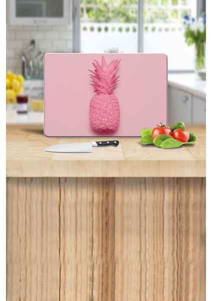 Pembe Ananas Desenli Cam Kesme Tahtası 20 x 30 cm
