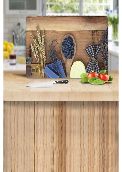 Dekoratif Cam Kesme Tahtası 30 x 40 cm Tohum ve Tahta Kaşık