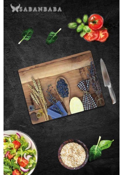 Dekoratif Cam Kesme Tahtası 30 x 40 cm Tohum ve Tahta Kaşık