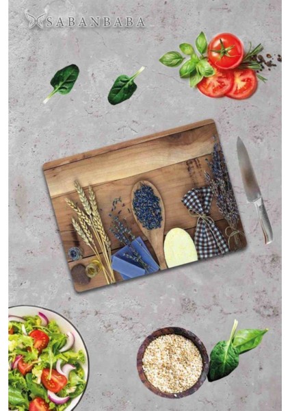 Dekoratif Cam Kesme Tahtası 30 x 40 cm Tohum ve Tahta Kaşık