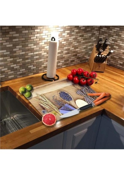 Dekoratif Cam Kesme Tahtası 30 x 40 cm Tohum ve Tahta Kaşık