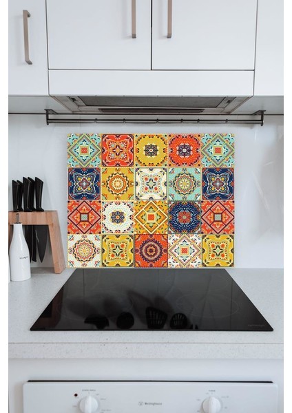 50 x 60 cm Turuncu Çini Desenli Cam Ocak Arkası Koruyucusu