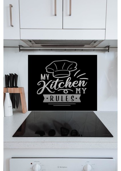 My Kitchen Siyah Şapka Desenli Cam Ocak Arkası Koruyucusu 50x60 Cm