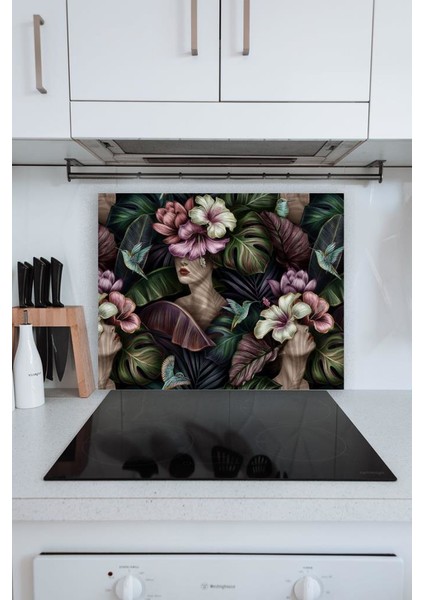 60 x 70 cm Çiçek Kadın Desenli Cam Ocak Arkası Koruyucusu