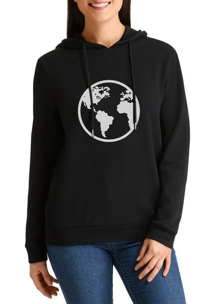Silhouette Earth Icon Baskılı Siyah Kadın Örme Kapşonlu Sweashirt Uzun Kol
