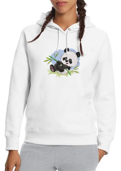 Panda Baskılı Beyaz Kadın Örme Kapşonlu Sweatshirt Uzun Kol
