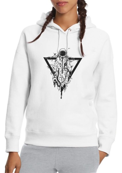 Uzay Astronot Baskılı Beyaz Kadın Örme Kapşonlu Sweatshirt Uzun Kol