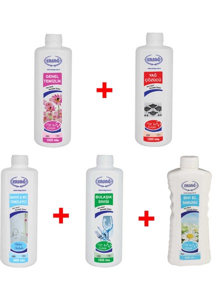 Genel Temizlik 1000 ml + Banyo Wc Temizleyici 1000 ml + Bulaşık Sıvısı 1000 ml + Sıvı Sabun 1000 ml + Yağ Çözücü 1000 ml