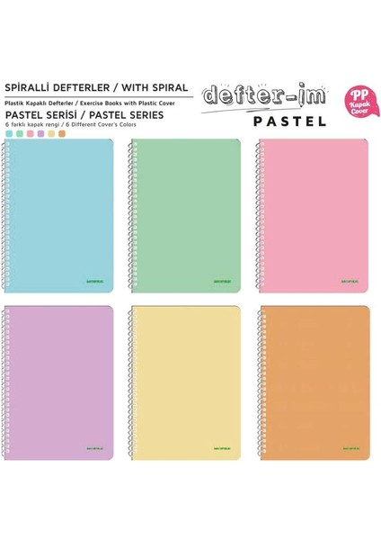 Pastel Serisi Spiralli Pp Kapak Çizgili Defter 96 Yaprak 8'li