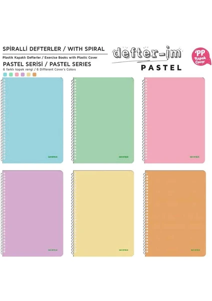 Pastel Serisi Spiralli Pp Kapak Çizgili Defter 96 Yaprak 8'li