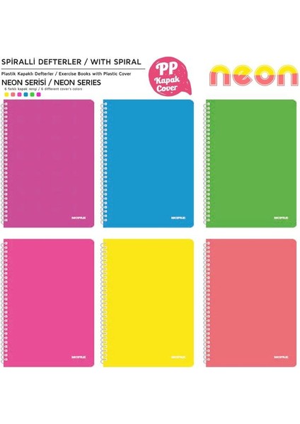 Neon Serisi Spiralli Pp Kapak Kareli Defter 96 Yaprak 8'li