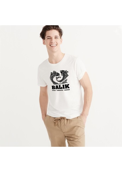 Kişiye Özel Balık Burcu Tasarımlı Beyaz Erkek Tişört - 1 Xx Large