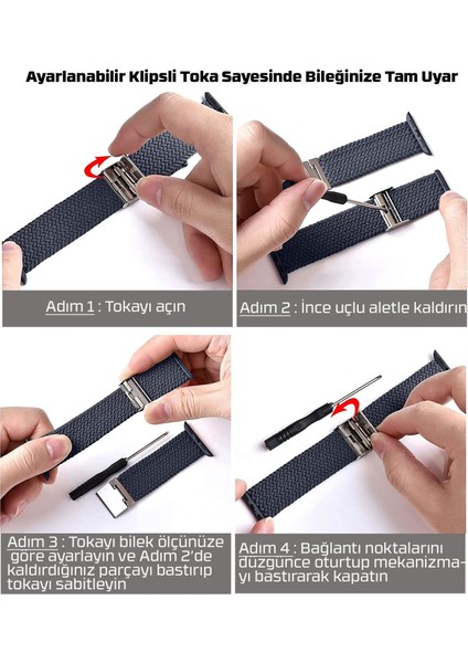 Apple Watch Uyumlu Series SE/10/9/8/7/6/5/4/3 46mm-45mm-44mm-42mm Ayarlanabilir Klipsli Örgü Kordon, Lacivert modelleri