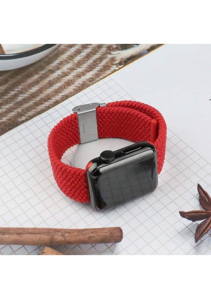 Apple Watch Uyumlu Series SE/10/9/8/7/6/5/4/3 42mm-41mm-40mm-38mm Ayarlanabilir Klipsli Örgü Kordon, Kırmızı