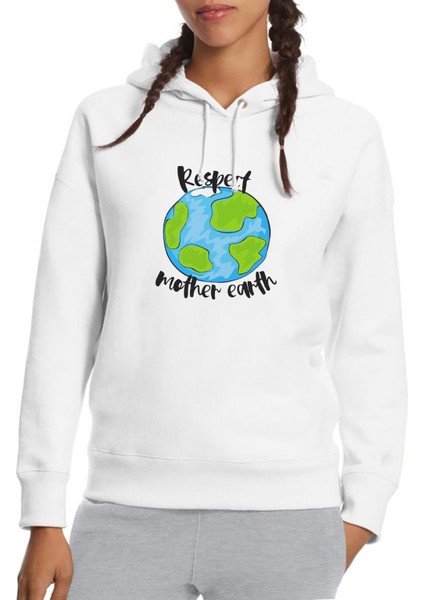 Respect Mother Earth Baskılı Beyaz Kadın Örme Kapşonlu Sweatshirt Uzun Kol