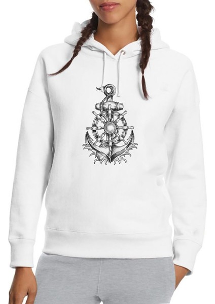 Çapa ve Dümen Illüstrasyon Gemi Çapa Baskılı Beyaz Kadın Örme Kapşonlu Sweatshirt Uzun Kol
