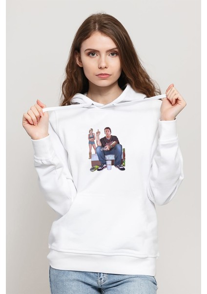 Gta V Jimmy De Santa Baskılı Beyaz Kadın Örme Kapşonlu Sweatshirt Uzun Kol