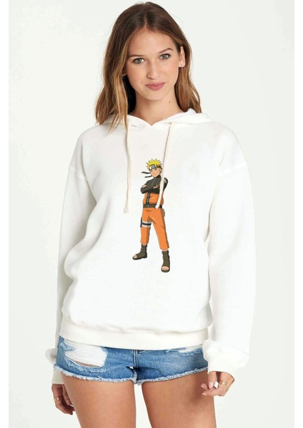 Anime Naruto Headband Shıppuuden Baskılı Beyaz Kadın Örme Kapşonlu Sweatshirt Uzun Kol