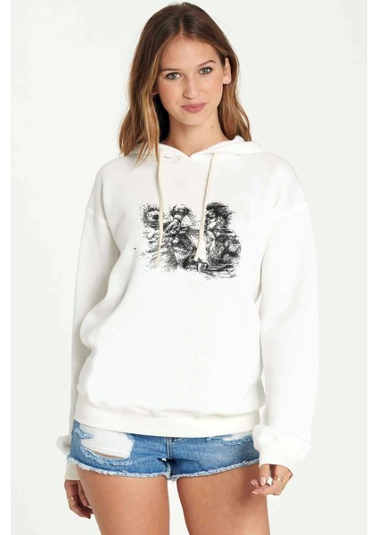 Muhammed Ali Punch Baskılı Beyaz Kadın Örme Kapşonlu Sweatshirt Uzun Kol