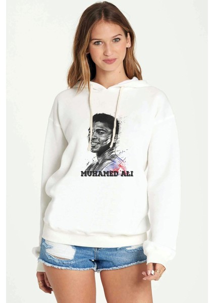 Muhammed Ali Brush Baskılı Beyaz Kadın Örme Kapşonlu Sweatshirt Uzun Kol