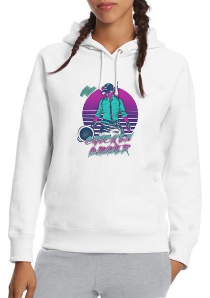 Pubg Wınner Adam Baskılı Beyaz Kadın Örme Kapşonlu Sweatshirt Uzun Kol