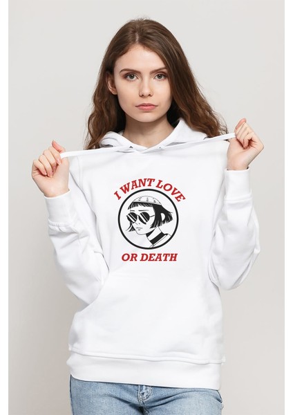 Leon & Mathilda The Professional Sevginin Baskılı Beyaz Kadın Örme Kapşonlu Sweatshirt Uzun Kol