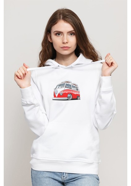 Wv Splitly Baskılı Beyaz Kadın Örme Kapşonlu Sweatshirt Uzun Kol