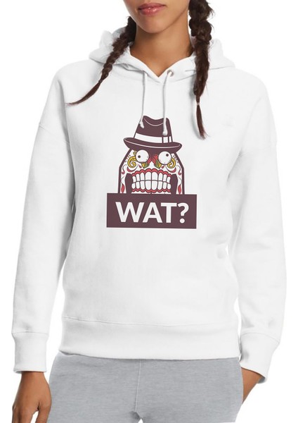 Wat Baskılı Beyaz Kadın Örme Kapşonlu Sweatshirt Uzun Kol