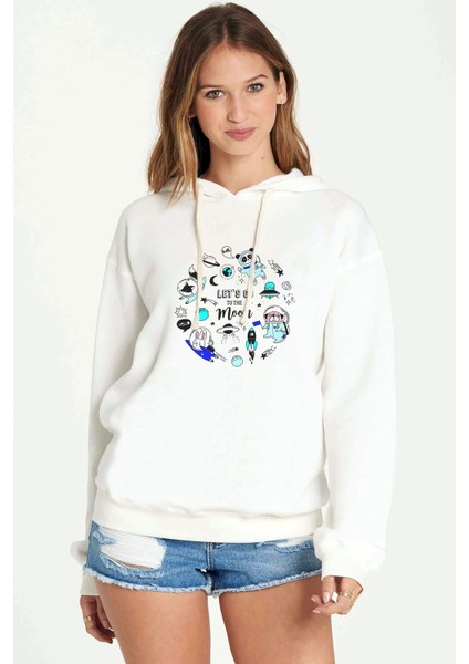 Let's Go To The Moon Baskılı Beyaz Kadın Örme Kapşonlu Sweatshirt Uzun Kol