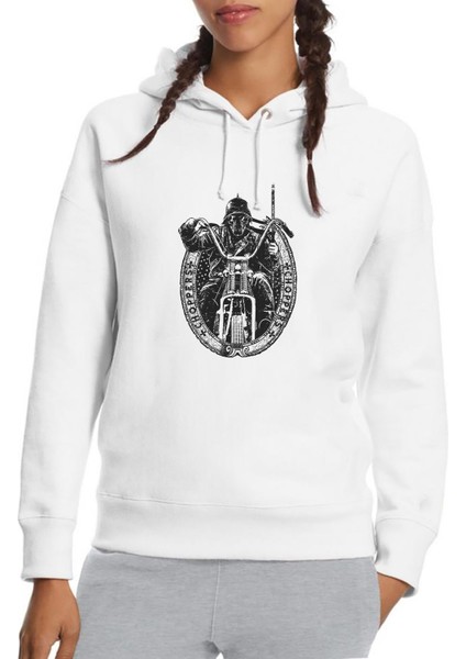 Motorsiklet Choppers Baskılı Beyaz Kadın Örme Kapşonlu Sweatshirt Uzun Kol