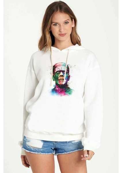 Frankenstein Baskılı Beyaz Kadın Örme Kapşonlu Sweatshirt Uzun Kol