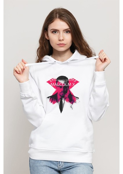 Malcolm x El Shabazz Baskılı Beyaz Kadın Örme Kapşonlu Sweatshirt Uzun Kol