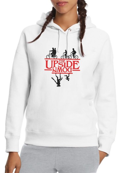 Stranger Things The Upside Down Baskılı Beyaz Kadın Örme Kapşonlu Sweatshirt Uzun Kol