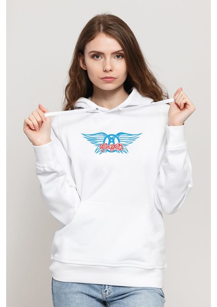 Aerosmith Hard Rock Rock And Roll Baskılı Beyaz Kadın Örme Kapşonlu Sweatshirt Uzun Kol