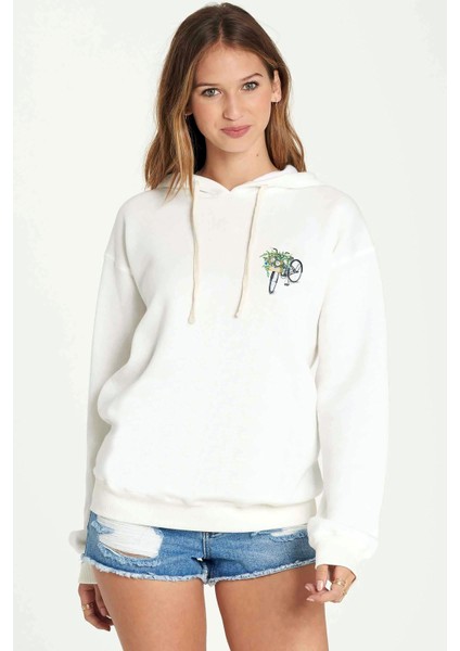 Çiçek ile Siyah Bisiklet Bisiklet Suluboya Baskılı Beyaz Kadın Örme Kapşonlu Sweatshirt Uzun Kol