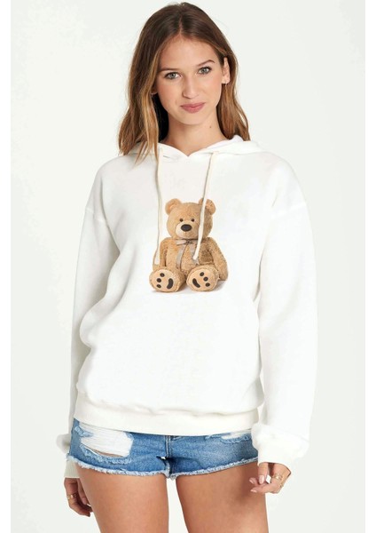 Peluş Ayı Bear Baskılı Beyaz Kadın Örme Kapşonlu Sweatshirt Uzun Kol
