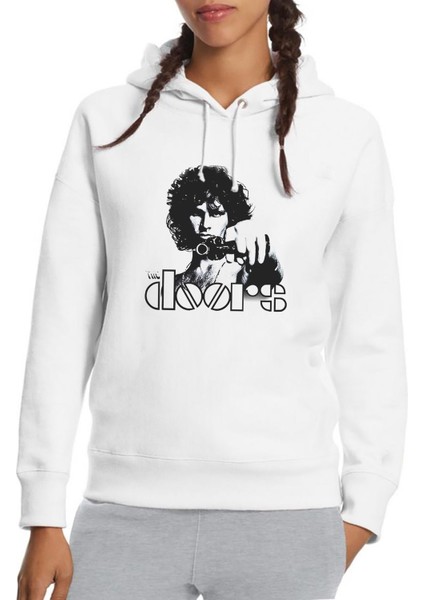 The Doors Solist Baskılı Beyaz Kadın Örme Kapşonlu Sweatshirt Uzun Kol