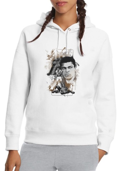 Muhammed Ali Knockout Baskılı Beyaz Kadın Örme Kapşonlu Sweatshirt Uzun Kol