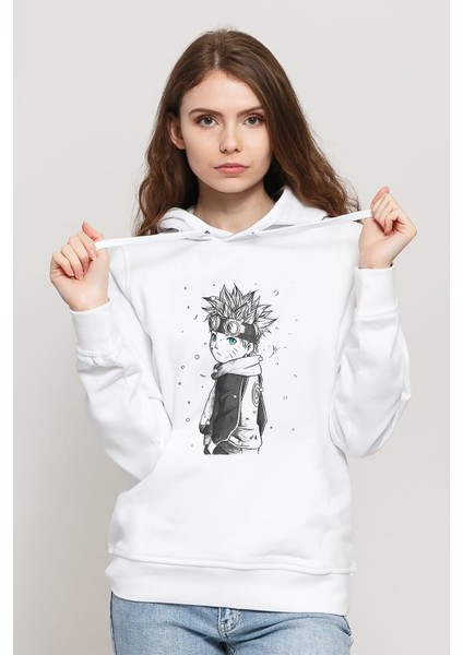Anime Naruto Baskılı Beyaz Kadın Örme Kapşonlu Sweatshirt Uzun Kol