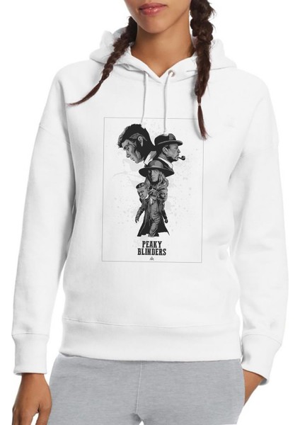 Peaky Blinders Tommy Shelby Cillian Murphy Baskılı Beyaz Kadın Örme Kapşonlu Sweatshirt Uzun Kol